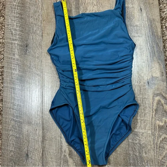 Miraclesuit Ruched One Piece Swimsuit Size 10 Teal Blue Slimming Lined Underwire - Picture 13 of 14